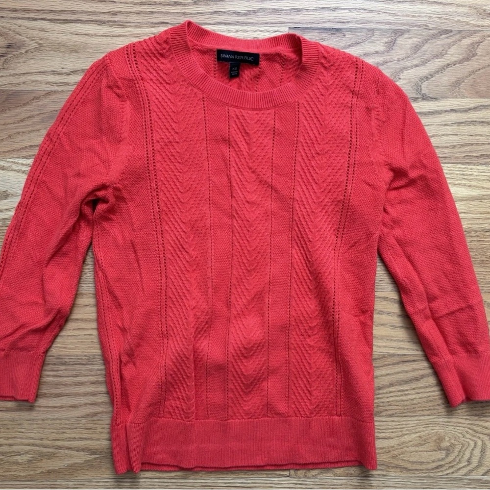 Banana Republic Red Eyelet Cable Crew Neck 3/4 Sleeve Sweater - XS